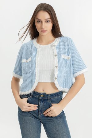 Raw Hem Crew Neck Knitted Cardigan