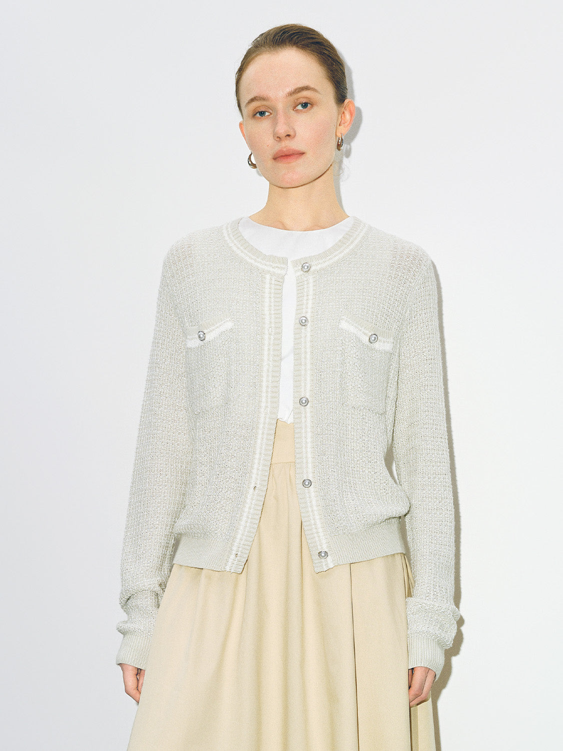 Tweed Crew Neck Knitted Cardigan - Image 40