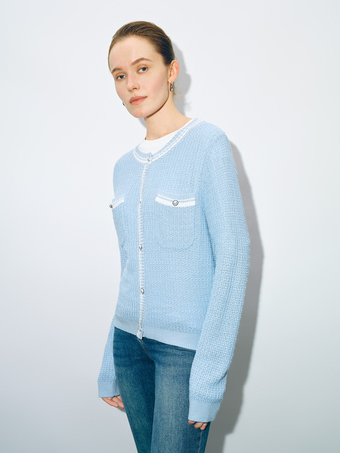 Tweed Crew Neck Knitted Cardigan - Image 33