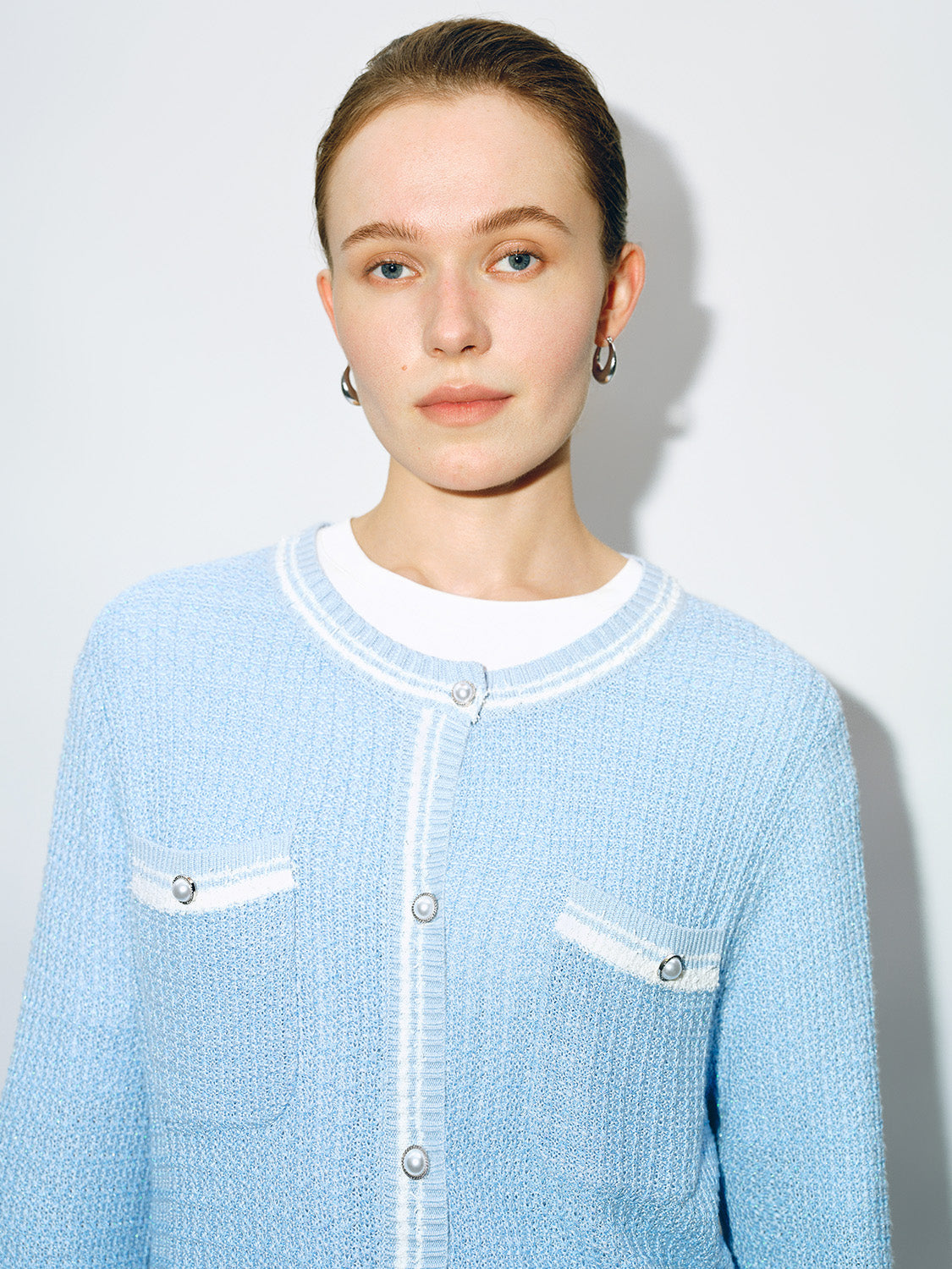 Tweed Crew Neck Knitted Cardigan - Image 36