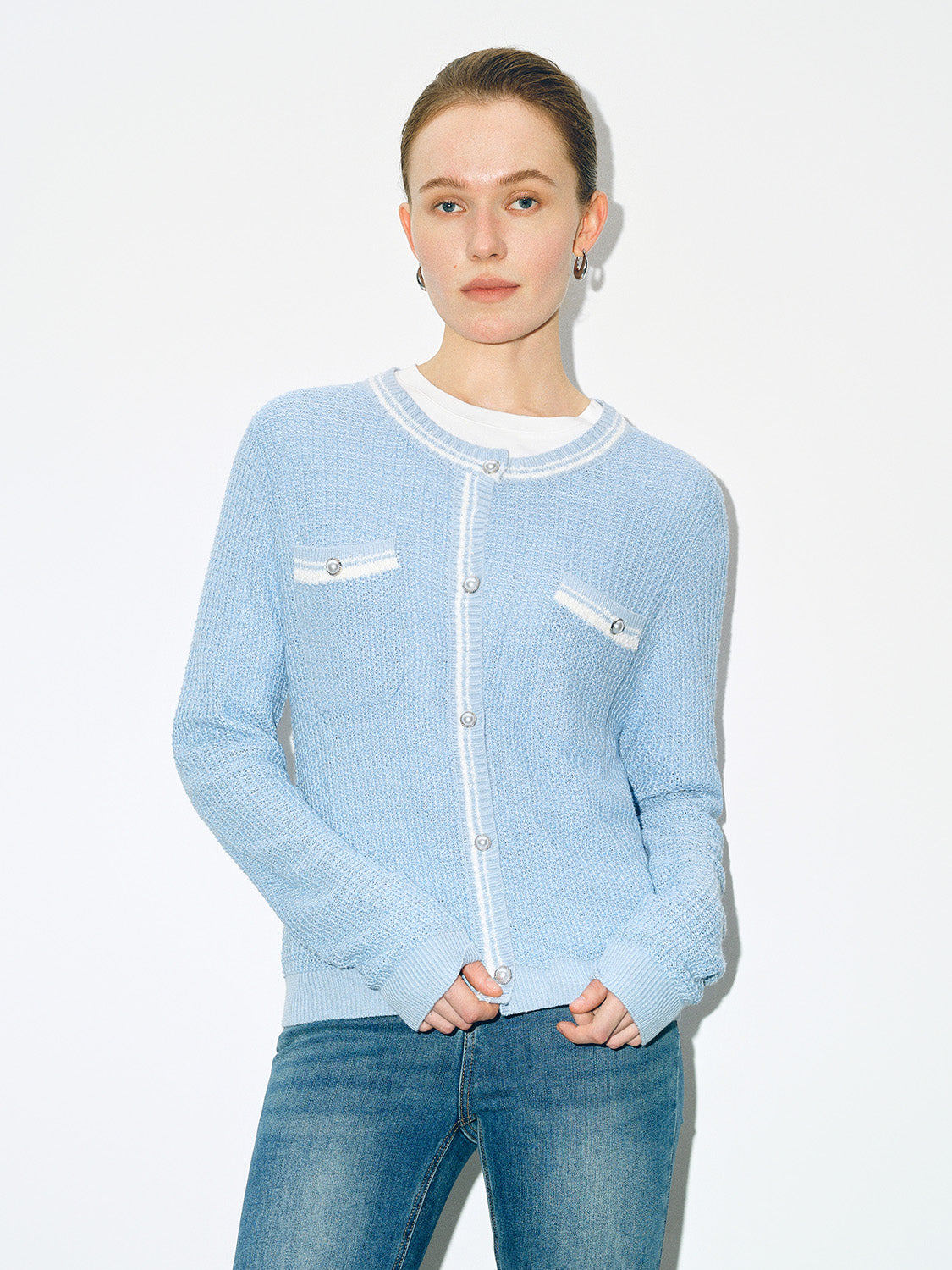 Tweed Crew Neck Knitted Cardigan - Image 41