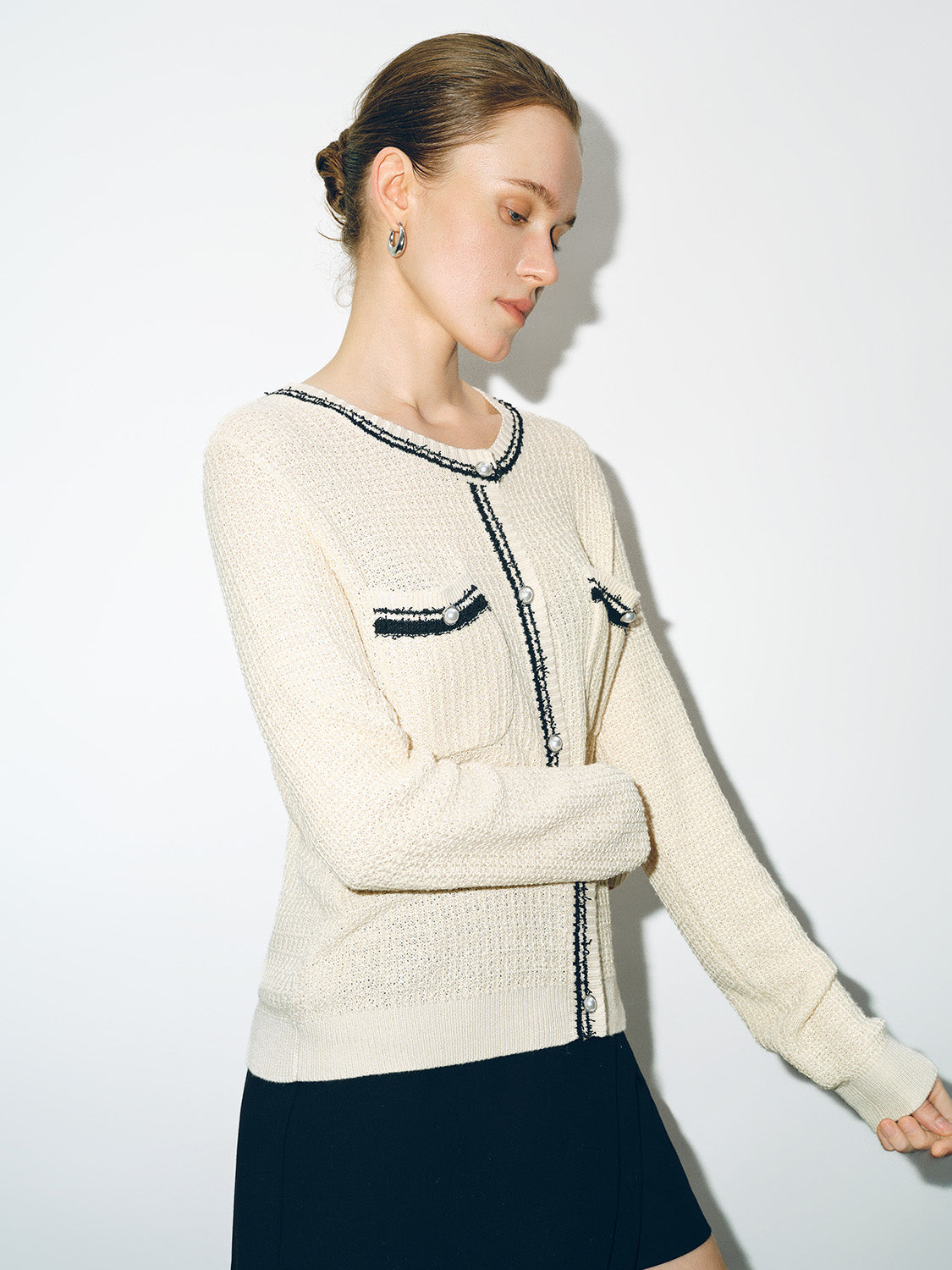 Tweed Crew Neck Knitted Cardigan - Image 2