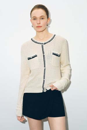 Tweed Crew Neck Knitted Cardigan