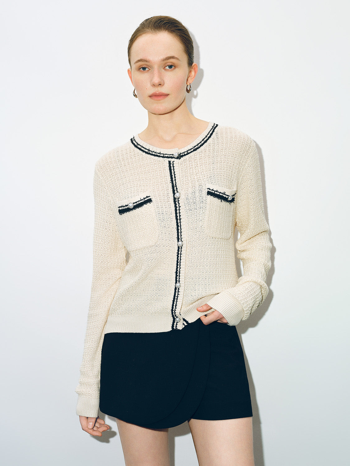 Tweed Crew Neck Knitted Cardigan