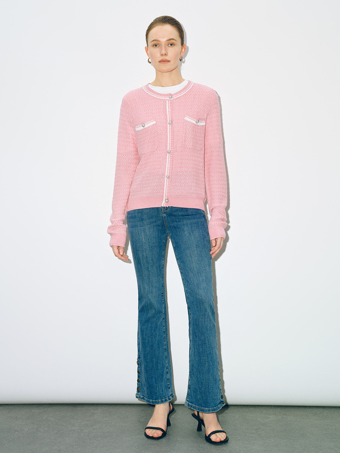 Tweed Crew Neck Knitted Cardigan - Image 3