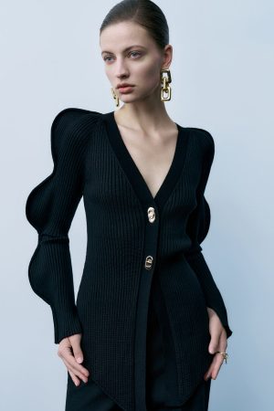 Wave Sleeve V-Neck Knitted Cardigan