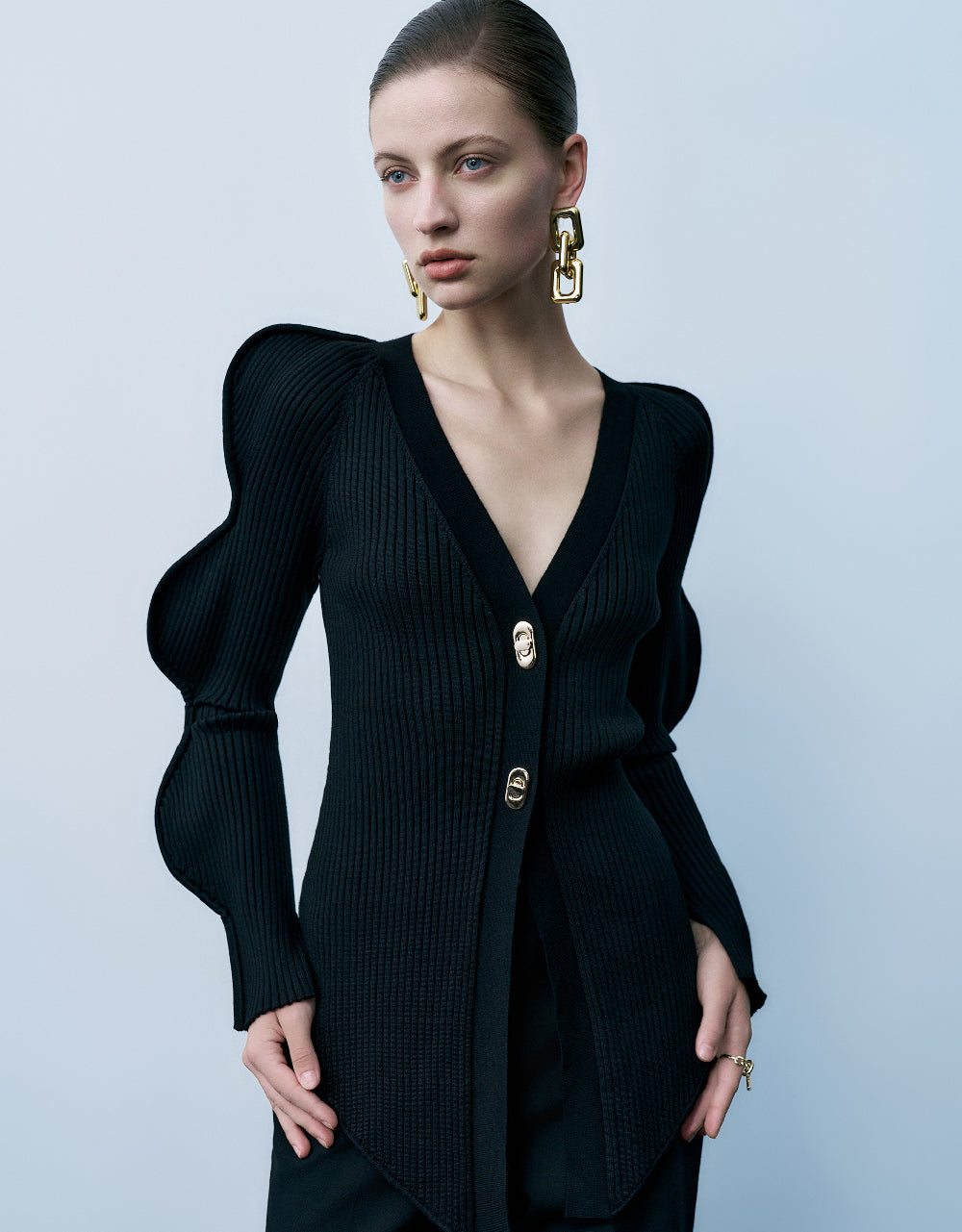 Wave Sleeve V-Neck Knitted Cardigan