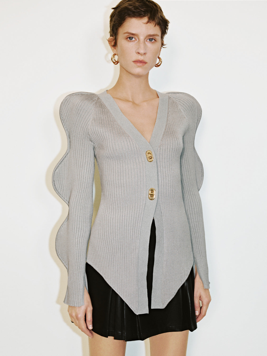 Wave Sleeve V-Neck Knitted Cardigan - Image 27