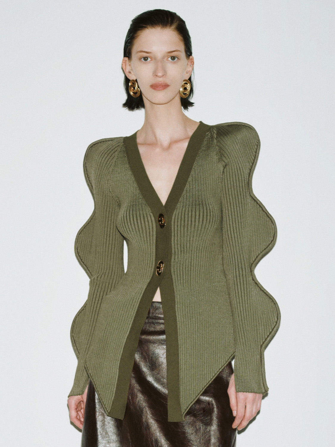 Wave Sleeve V-Neck Knitted Cardigan - Image 15