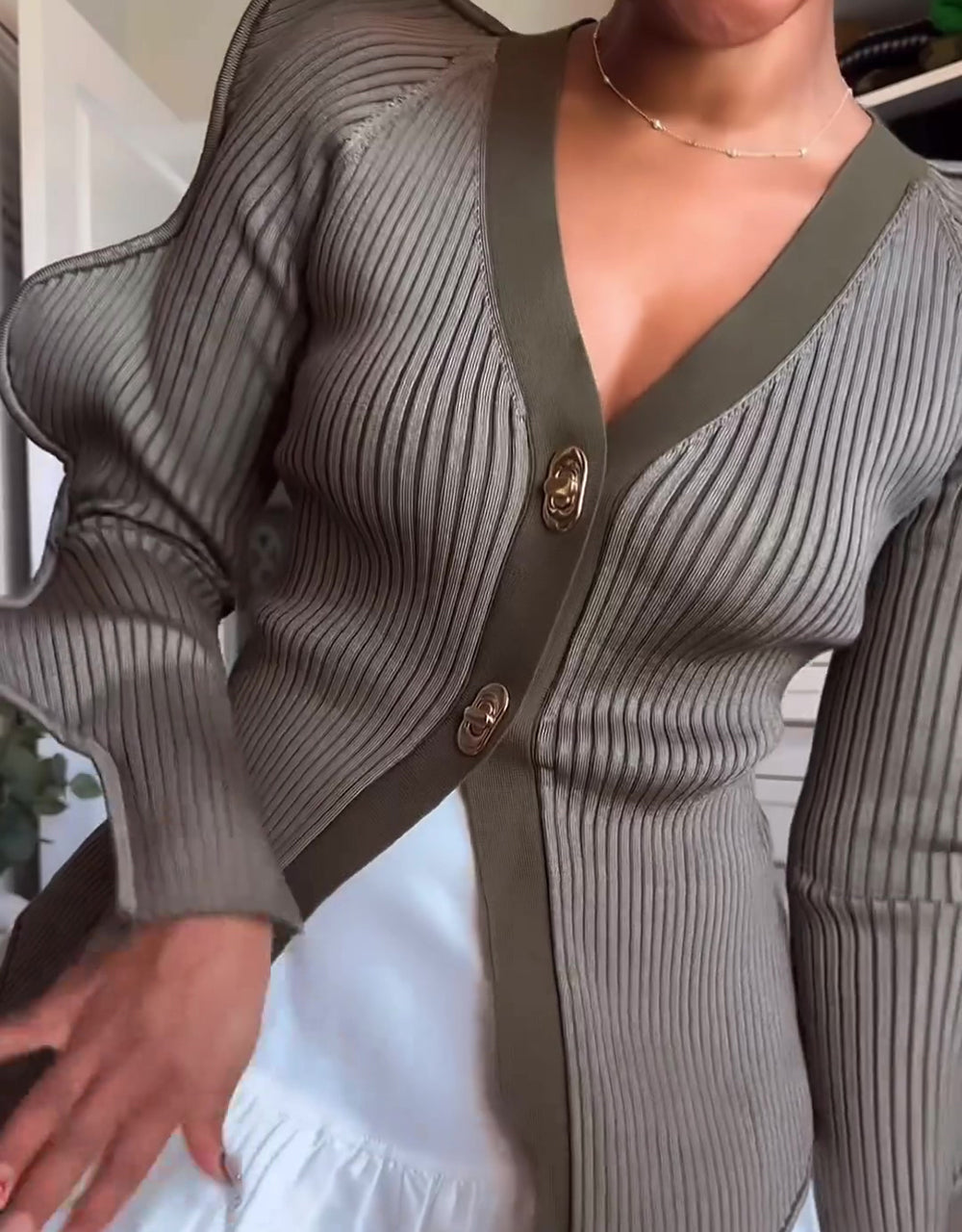 Wave Sleeve V-Neck Knitted Cardigan - Image 19