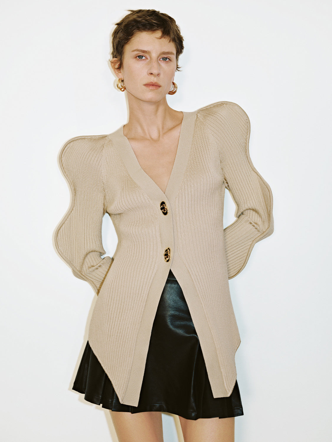 Wave Sleeve V-Neck Knitted Cardigan - Image 35