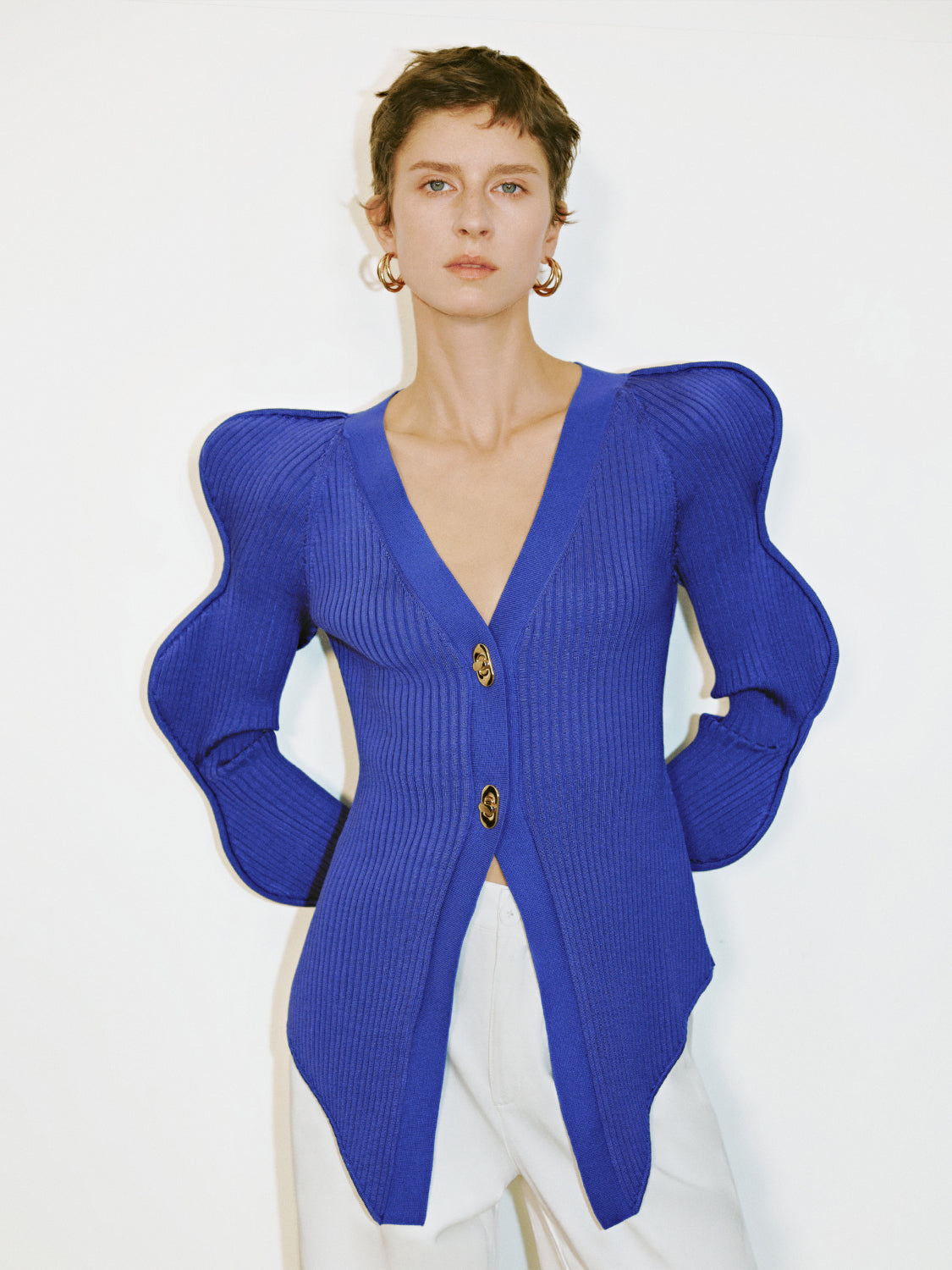 Wave Sleeve V-Neck Knitted Cardigan - Image 39