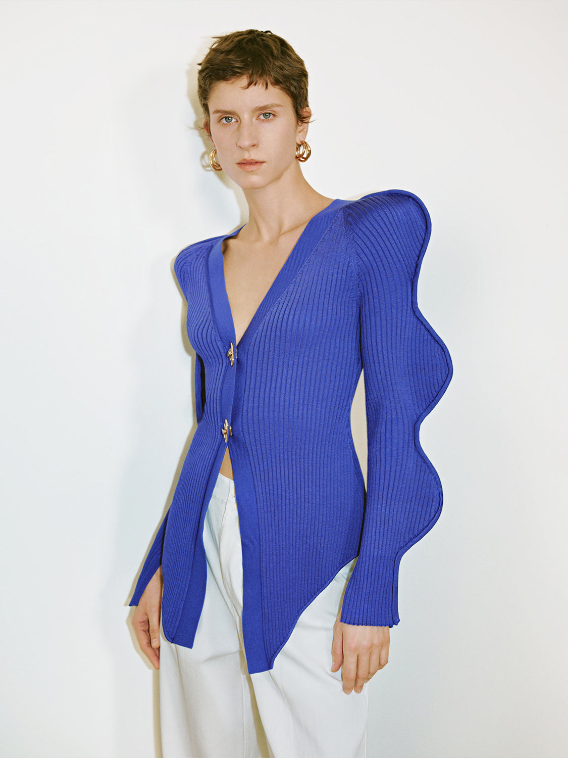 Wave Sleeve V-Neck Knitted Cardigan - Image 40