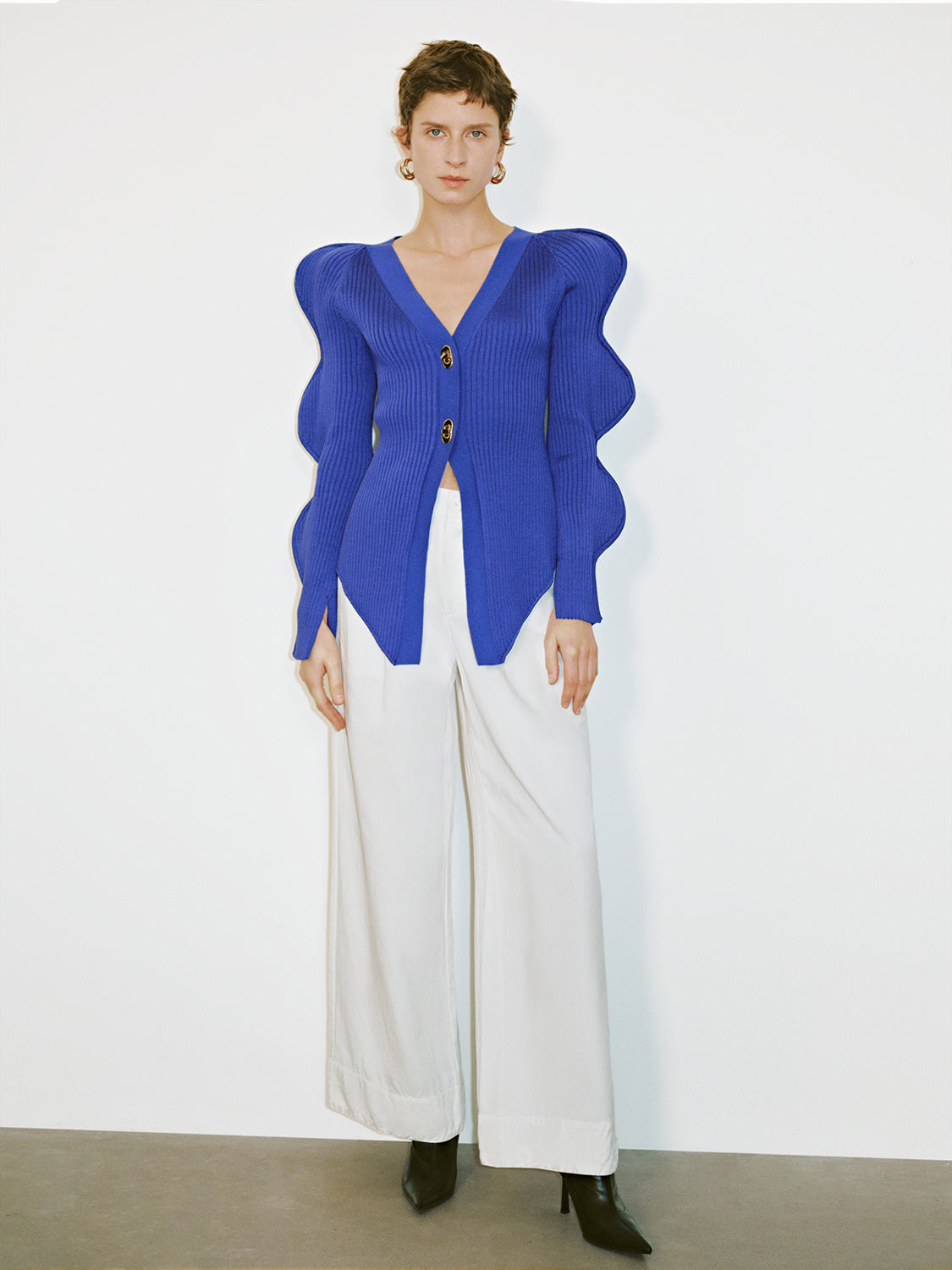 Wave Sleeve V-Neck Knitted Cardigan - Image 42