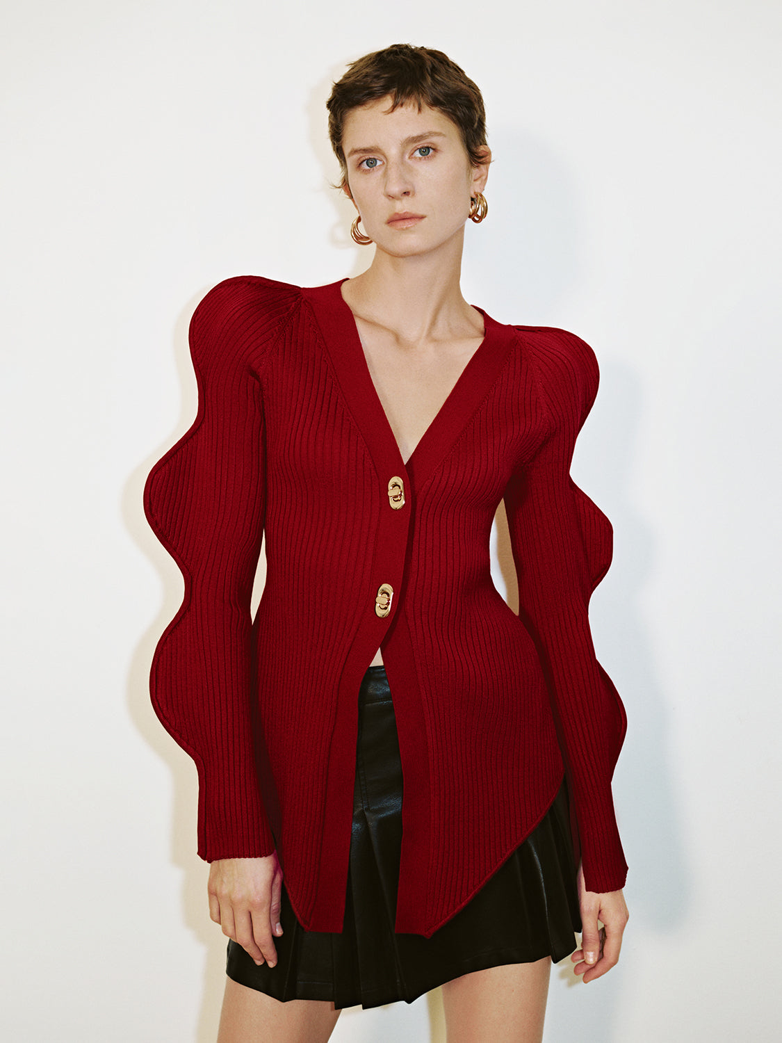 Wave Sleeve V-Neck Knitted Cardigan - Image 48