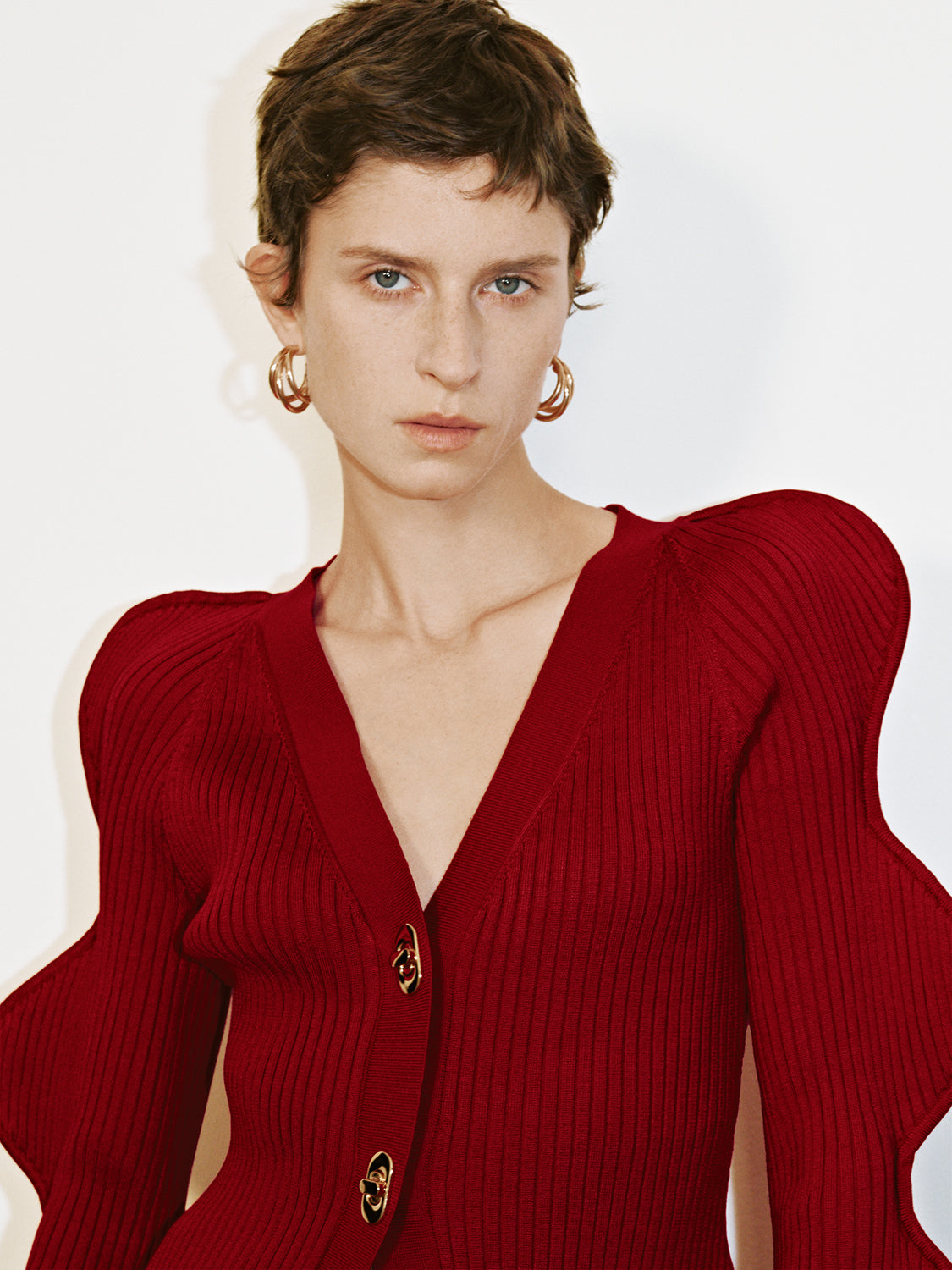 Wave Sleeve V-Neck Knitted Cardigan - Image 50