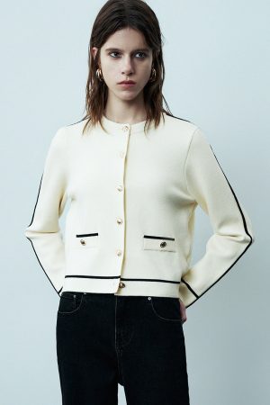 Crew Neck Knitted Cardigan With Fake Pockets