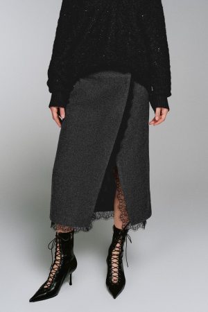 Wool Blend Overlap Detail Laced Midi Skirts