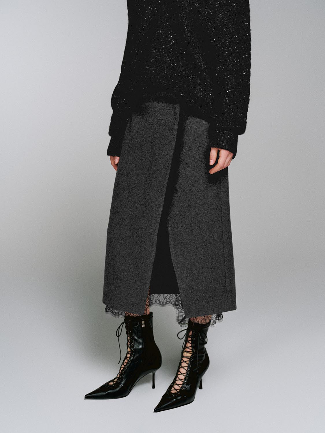 Wool Blend Overlap Detail Laced Midi Skirts - Image 3