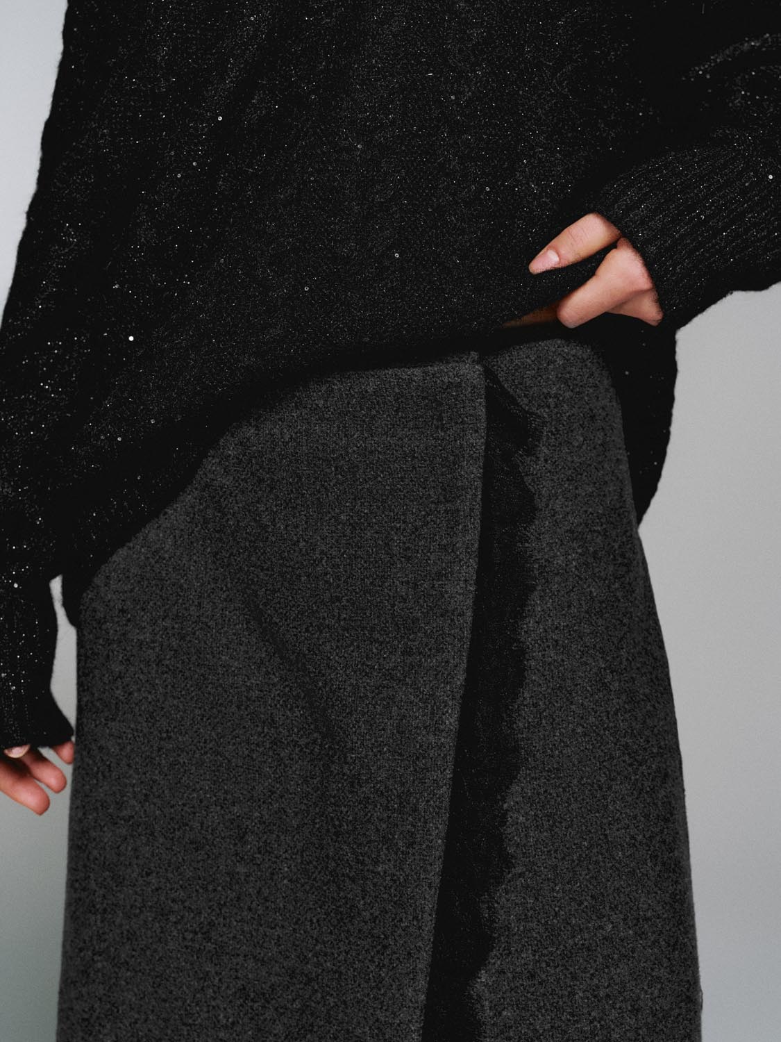 Wool Blend Overlap Detail Laced Midi Skirts - Image 5