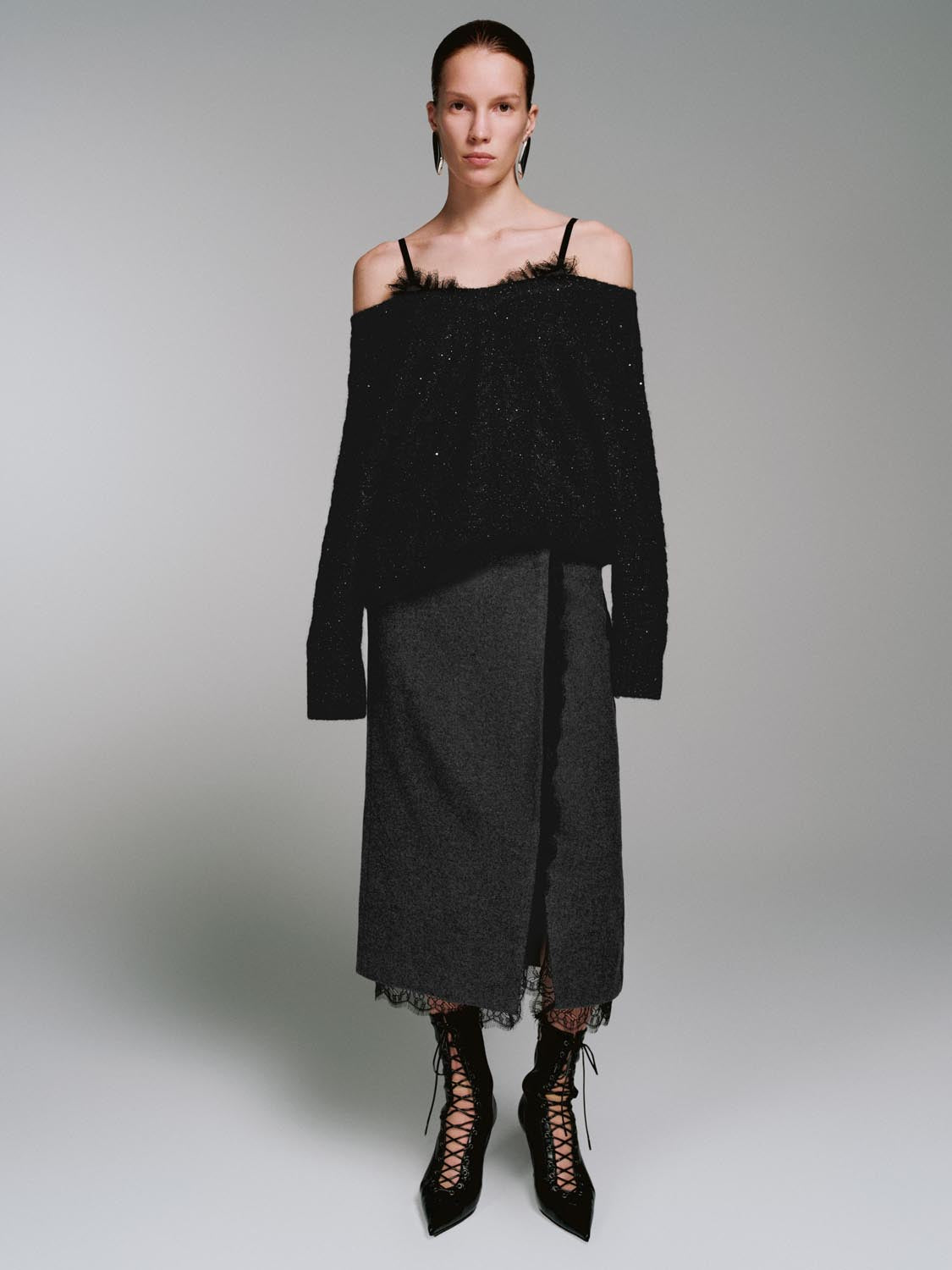 Wool Blend Overlap Detail Laced Midi Skirts - Image 7