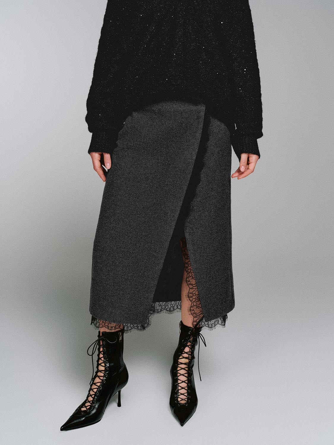 Wool Blend Overlap Detail Laced Midi Skirts - Image 9