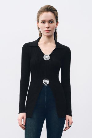 Fluid Metal Buttons Skinny Knitted Cardigan