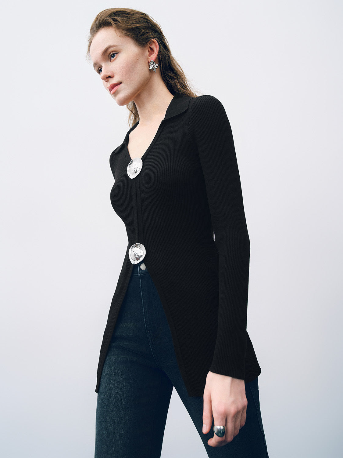 Fluid Metal Buttons Skinny Knitted Cardigan - Image 3