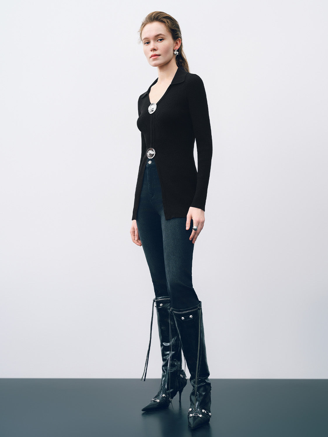 Fluid Metal Buttons Skinny Knitted Cardigan - Image 5