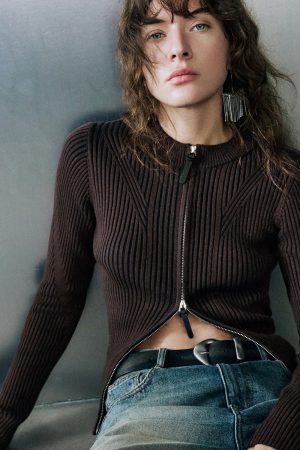 Zipper Front Skinny Knitted Cardigan