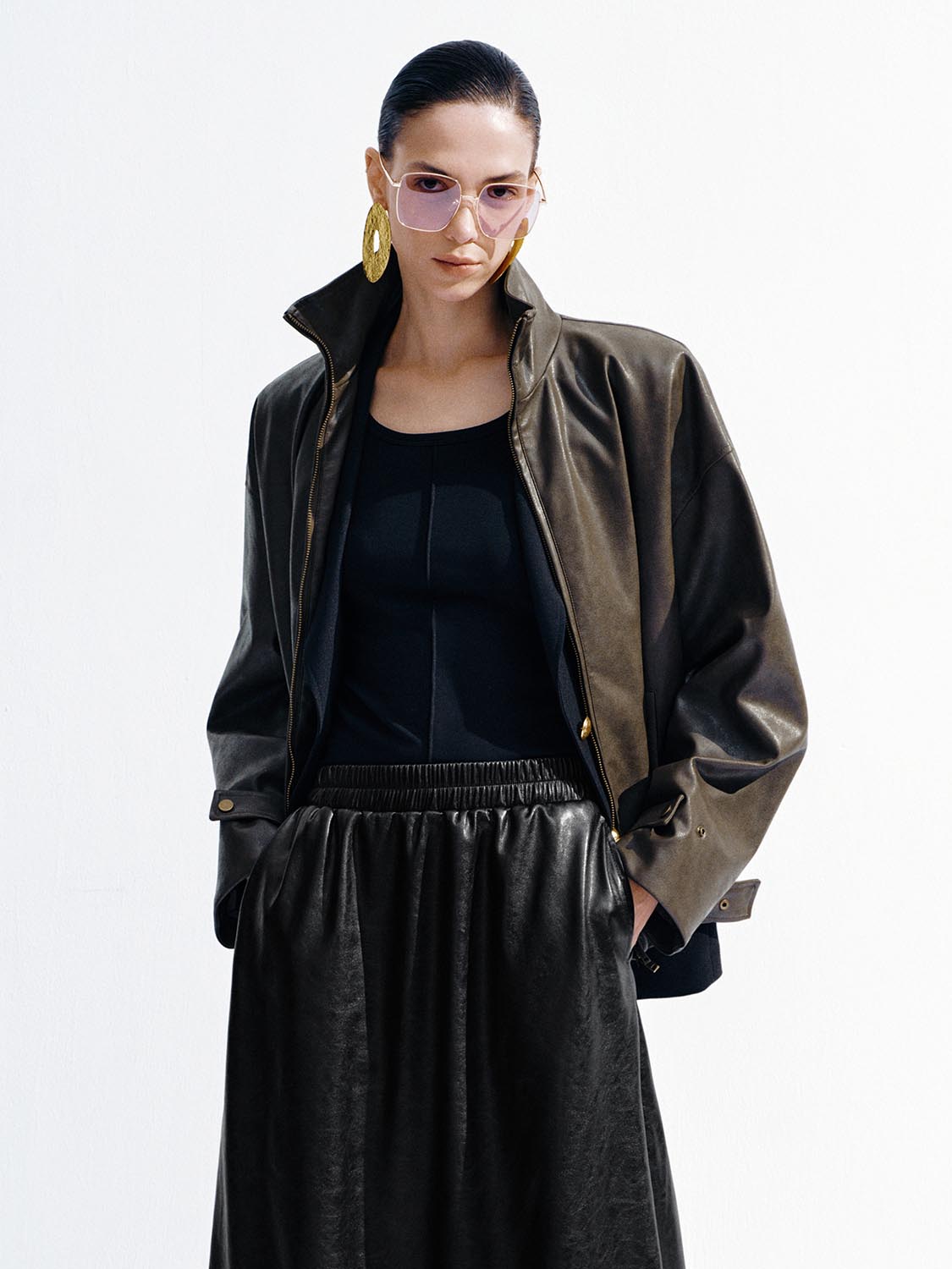 Faux Leather Stand Collar Jackets