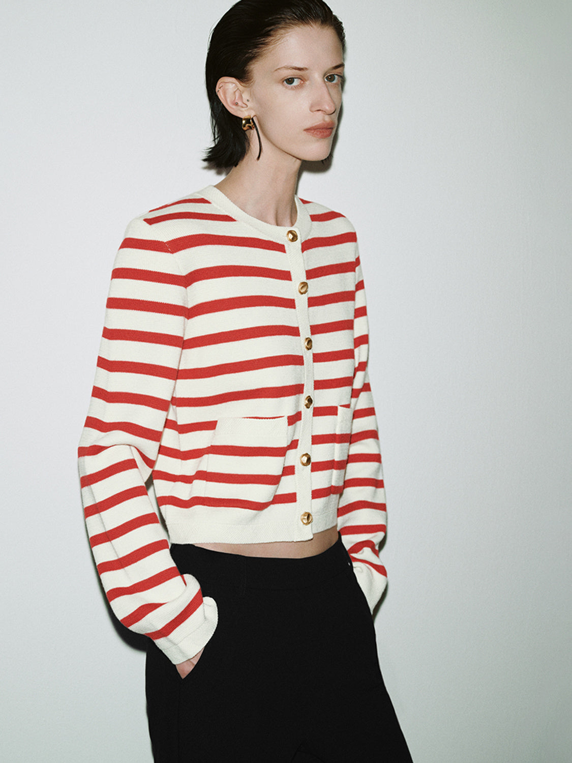 Striped Crew Neck Knitted Cardigan - Image 3
