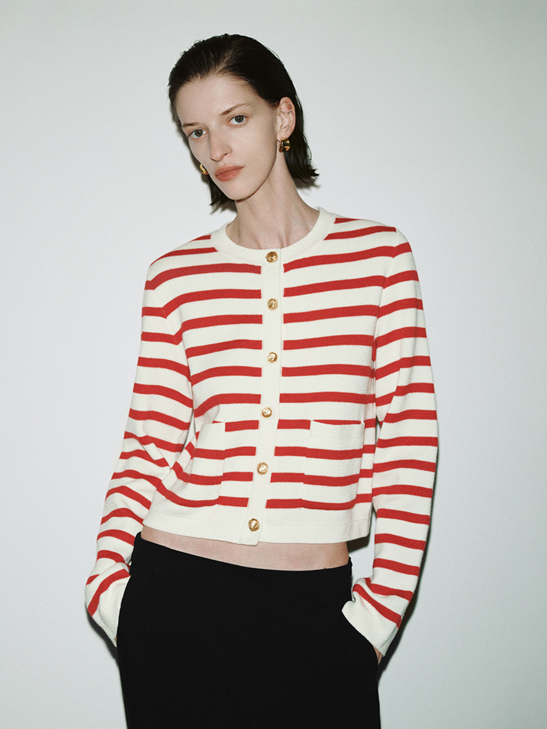 Striped Crew Neck Knitted Cardigan - Image 4