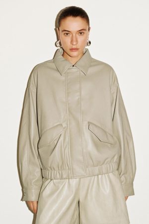 Faux Leather Concealed Button Bomber Jackets