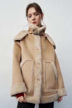 Faux Shearling High Neck Button Up Jackets