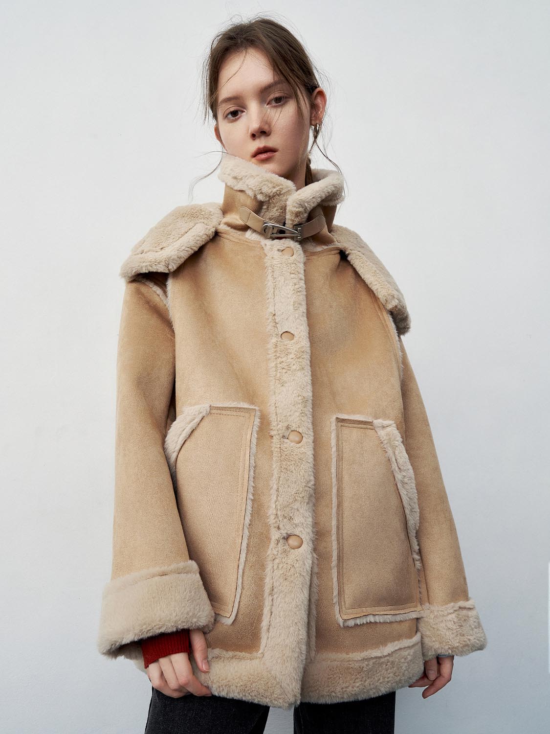 Faux Shearling High Neck Button Up Jackets - Image 9