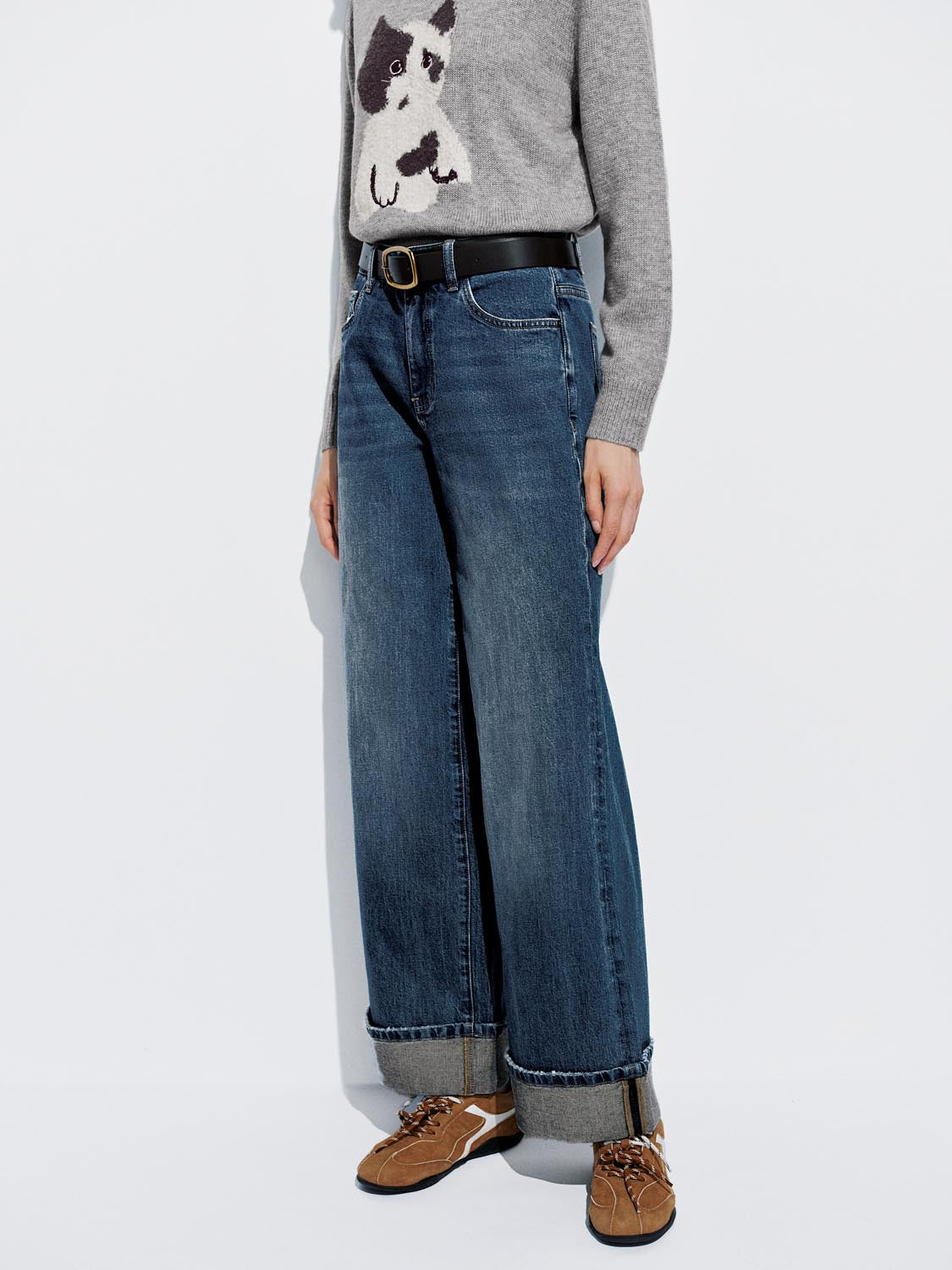 Belted Cuffed Wide Leg Jeans - Image 3