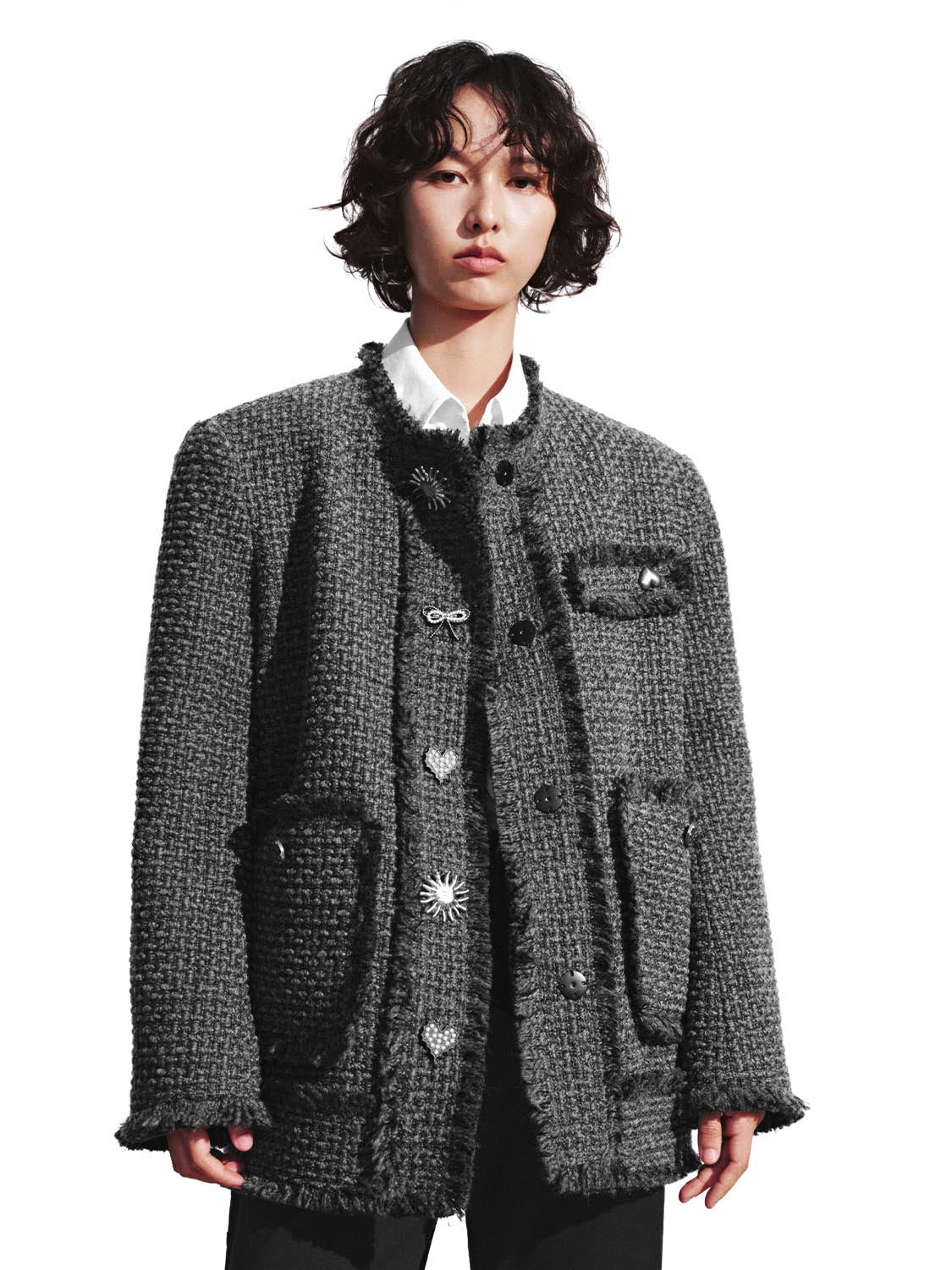 Metal Button Patch Pockets Tweed Wool Blend Jackets - Image 9