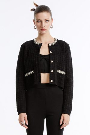 Faux Pearl Decor Tweed Knitted Cardigan