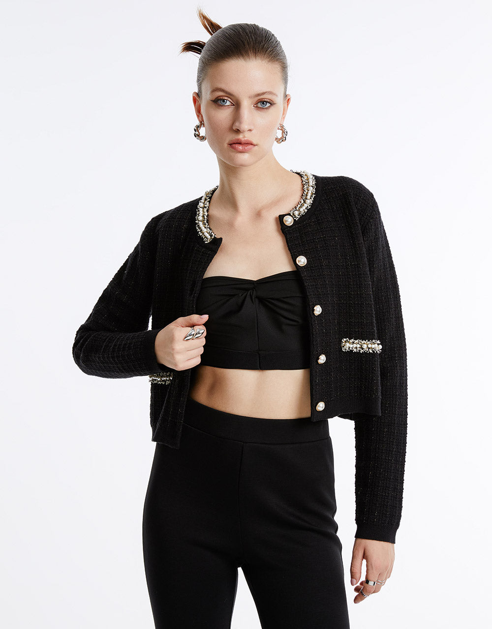 Faux Pearl Decor Tweed Knitted Cardigan - Image 3