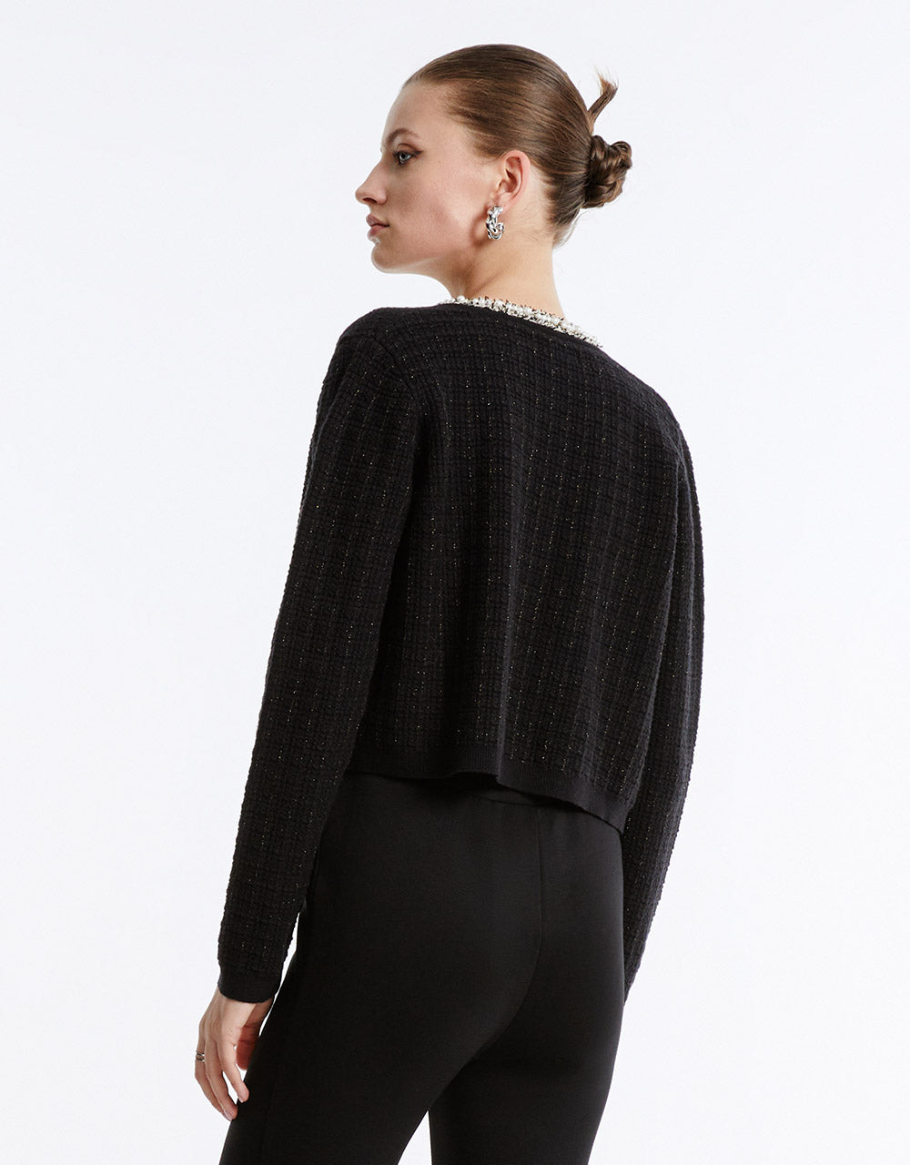 Faux Pearl Decor Tweed Knitted Cardigan - Image 4