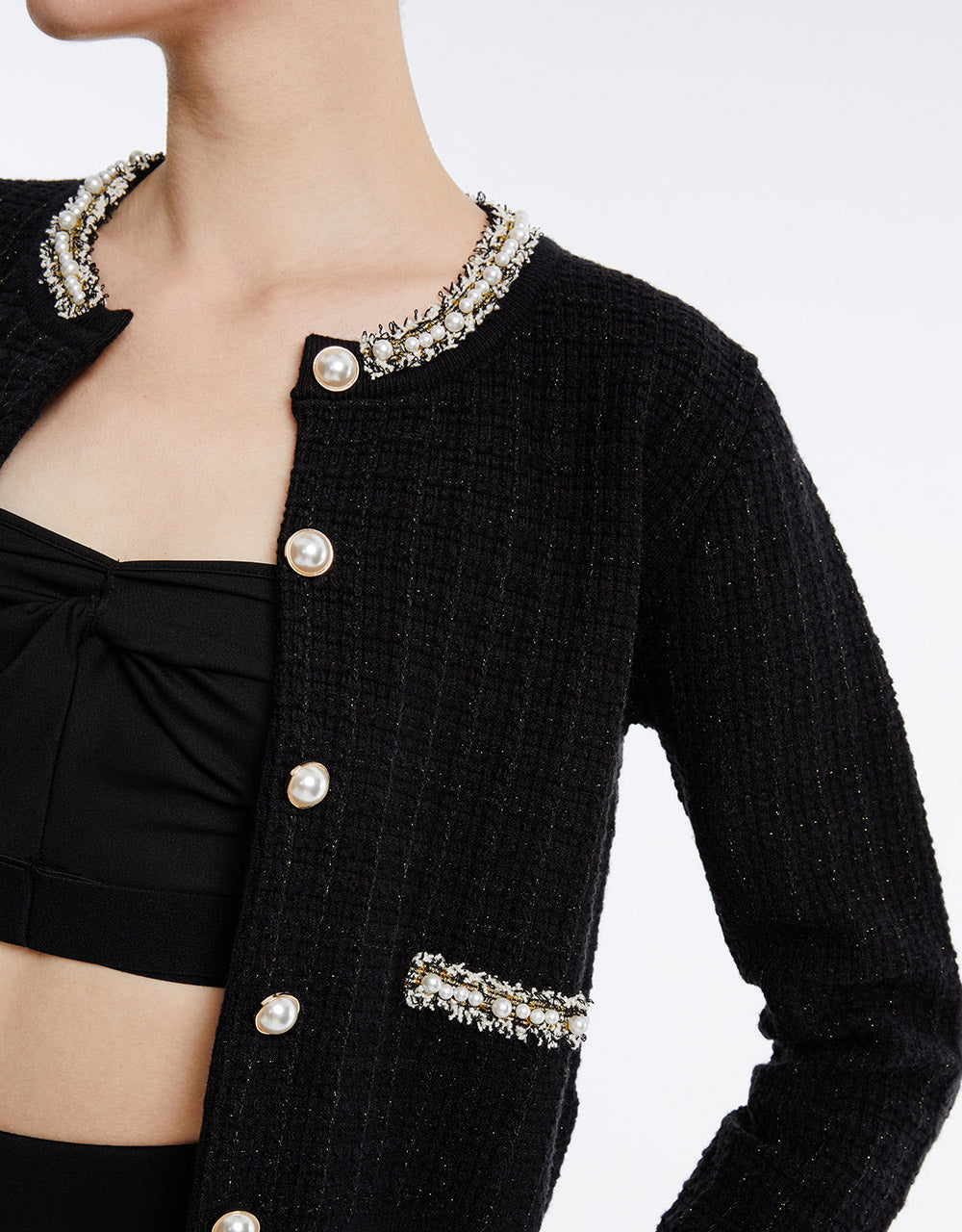 Faux Pearl Decor Tweed Knitted Cardigan - Image 5