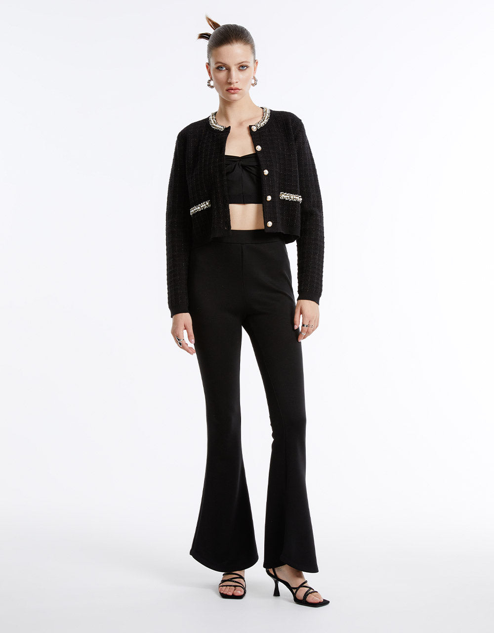 Faux Pearl Decor Tweed Knitted Cardigan - Image 6