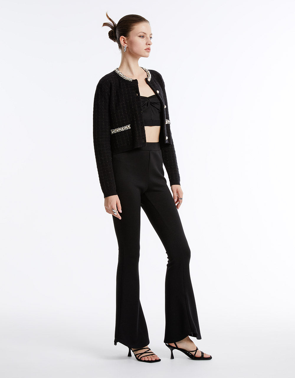 Faux Pearl Decor Tweed Knitted Cardigan - Image 7